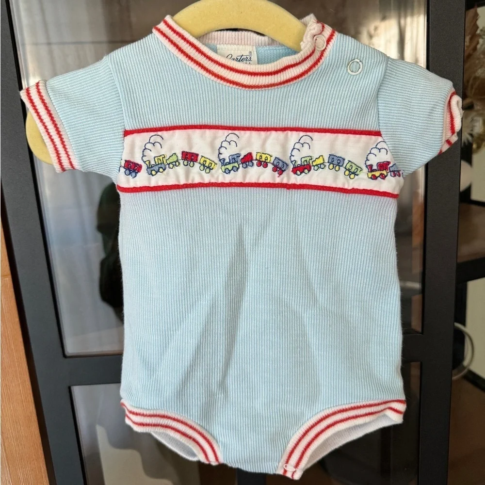 Vintage 90s Carter’s bubble romper embroidered train baby boy corduroy shortall